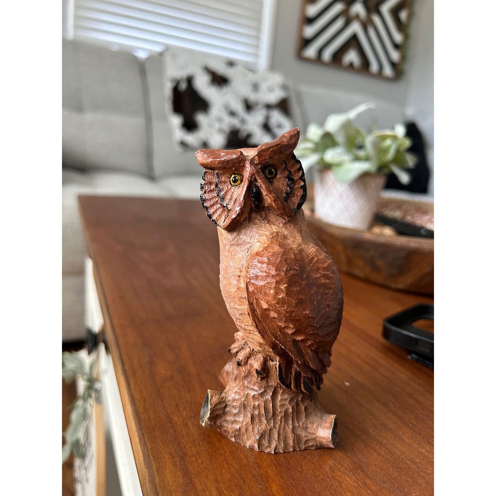 Vintage Tim Wolfe Owl Figurine 1985 Resin Wood Look Sculpture Signed TW Brown